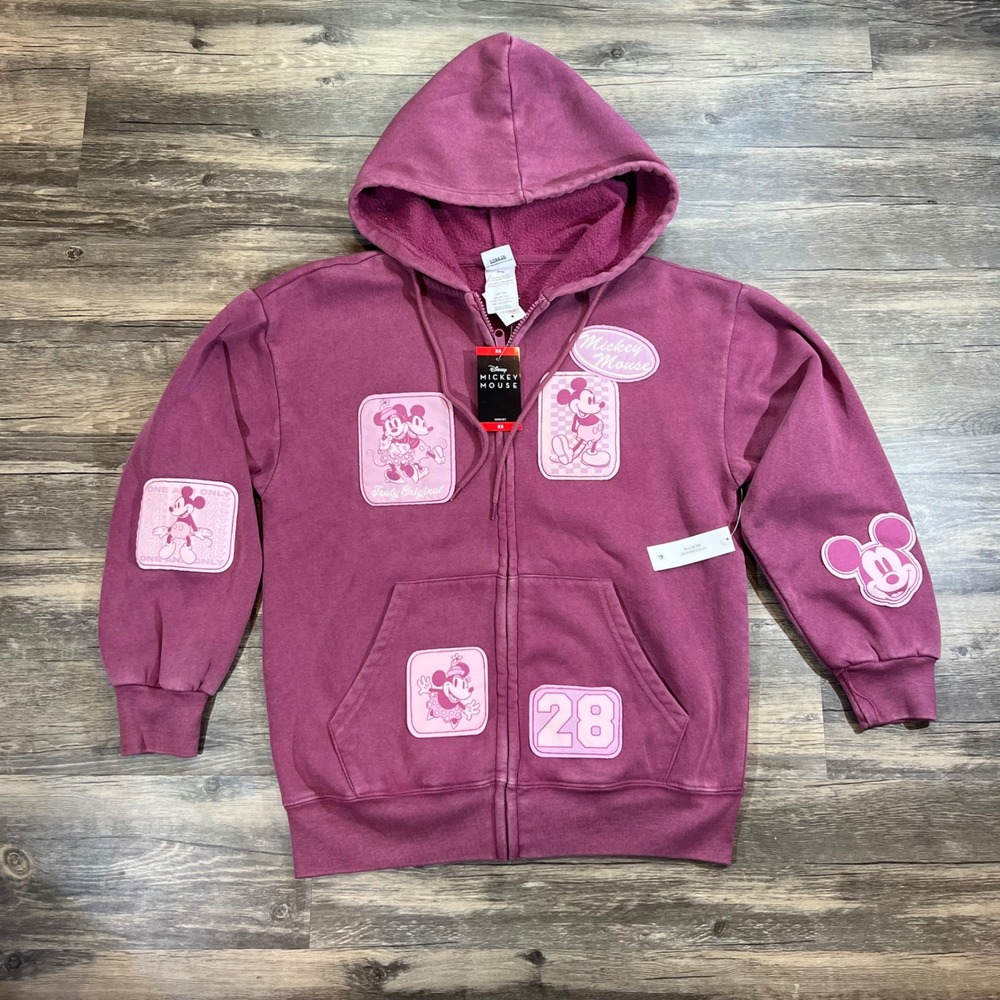 Disney Mickey Mouse Patchwork Zip Up Hoodie‎ Burgundy Fleece XS New With Tags